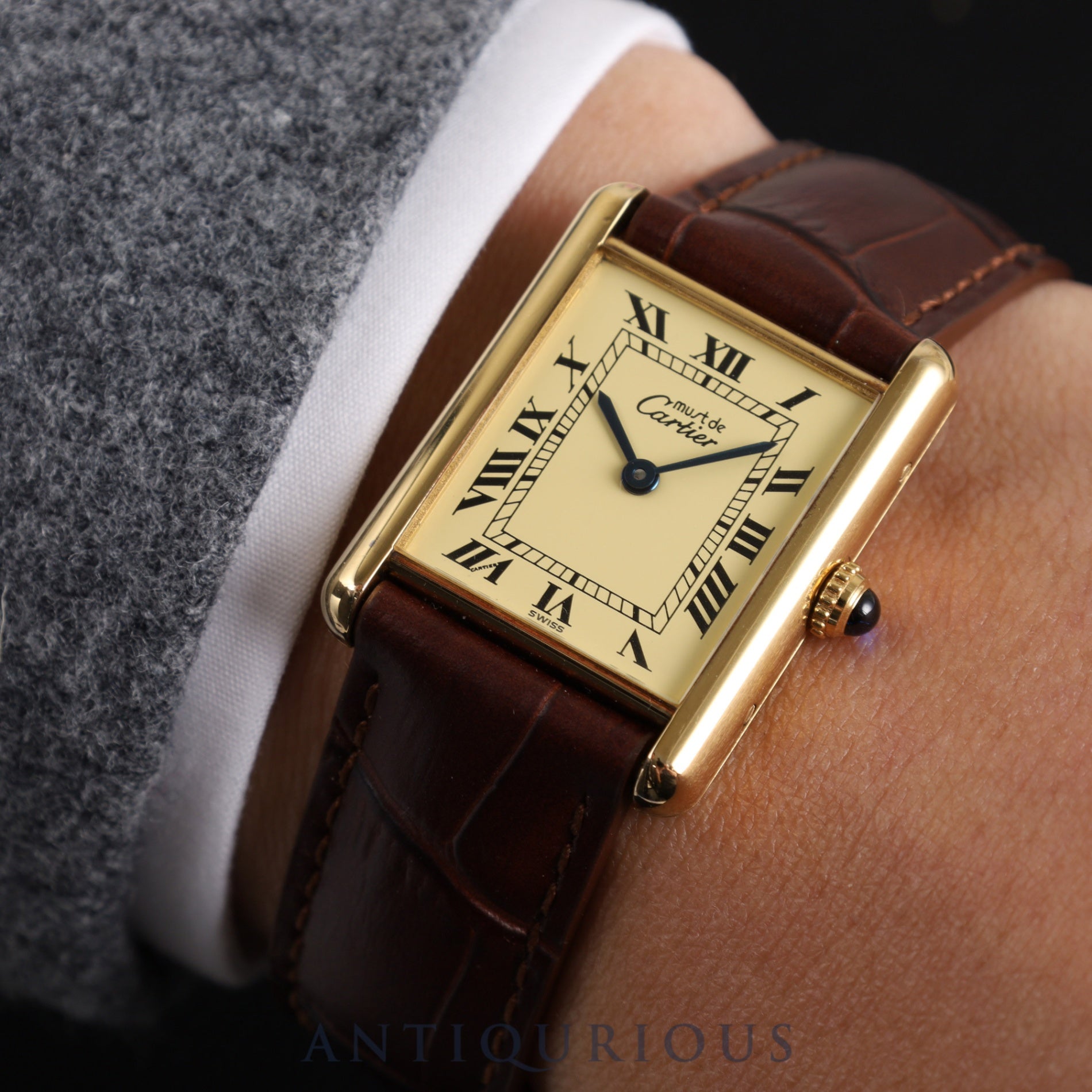 Cartier Must Tank LM 1615 Quartz Cal.90 SV925 Leather Genuine D Buckle (GP) Ivory Roman Dial Overhauled