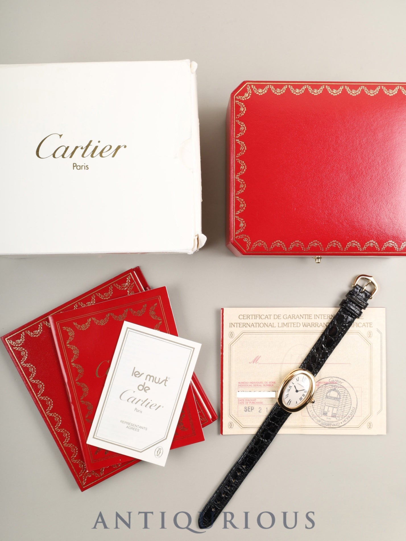 Cartier Baignoire SMW1506056 / 1952 Quartz Cal. 057 750YG Leather Genuine Pin Buckle (750YG) White Roman Dial Box Booklet Warranty (1995) Overhauled