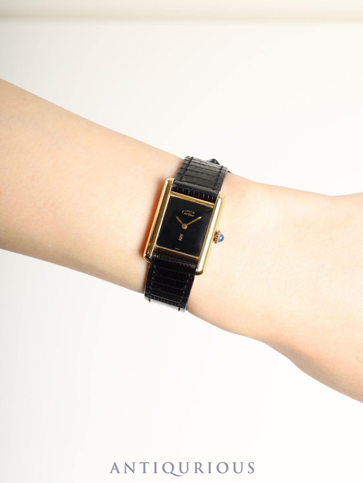 Cartier Must Tank SM Manual Winding Caliber 78-1 SV925 Leather Strap with Genuine GP Buckle, Onyx Dial (SWISS Marking), Overhauled