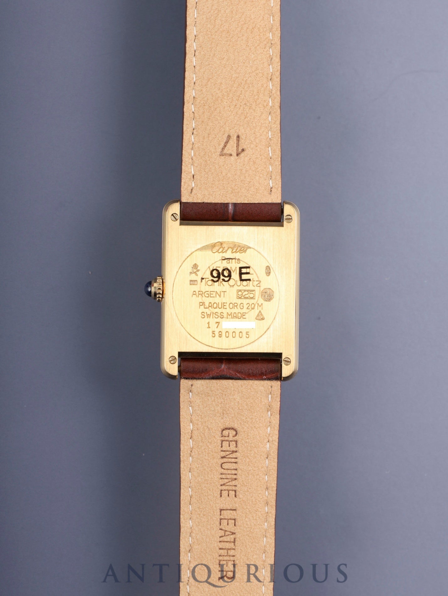 Cartier Must Tank LM W1002754 / 590005 Quartz Caliber 90 SV925 Leather Strap with Genuine D-buckle (GP) Ivory Roman Dial (SWISS Marking) Circa 1982-1995 Box Overhauled