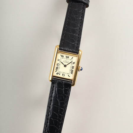 カルティエ マストタンク SM 手巻き Cal.ETA2512 SV925 革 純正尾錠（GP）アイボリーローマン文字盤（SWISS表記）オーバーホール済み