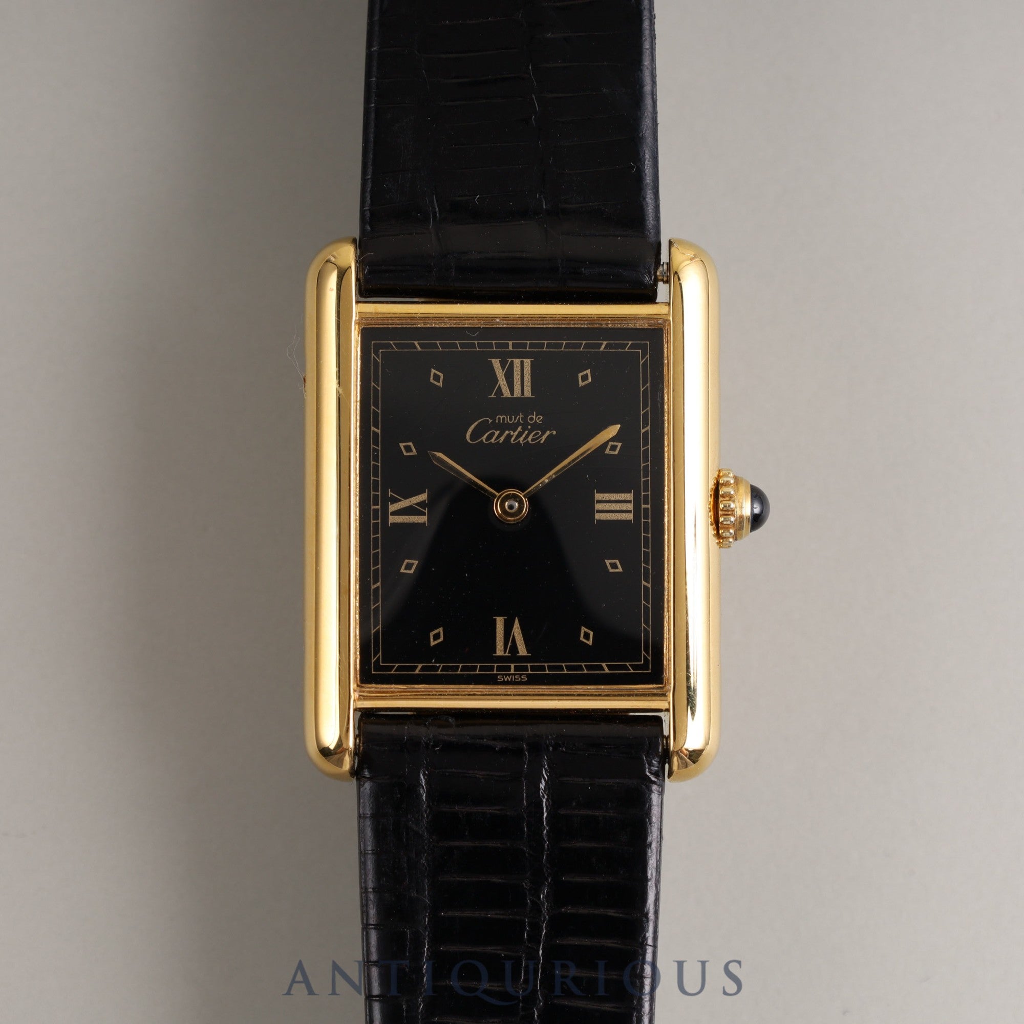 Cartier Must Tank LM QZ 590005 925 Leather Genuine Buckle (GP) Black Roman Dial Box Warranty (1991) Overalled