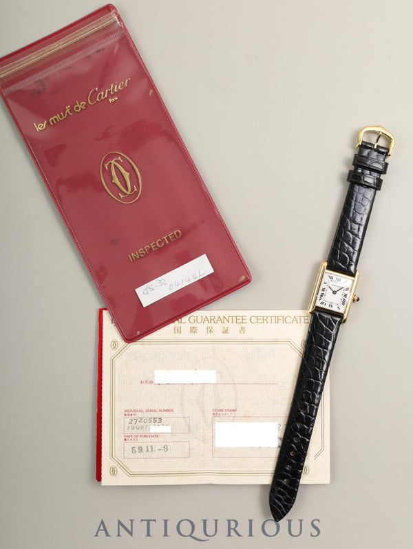 カルティエ タンクルイカルティエ SM 78087 手巻き Cal.ETA2512 750YG 革 純正ピンバックル（GP）ホワイトローマン文字盤（SWISS表記 ）保証書（1984年 /個人名記載あり）冊子 オーバーホール済み