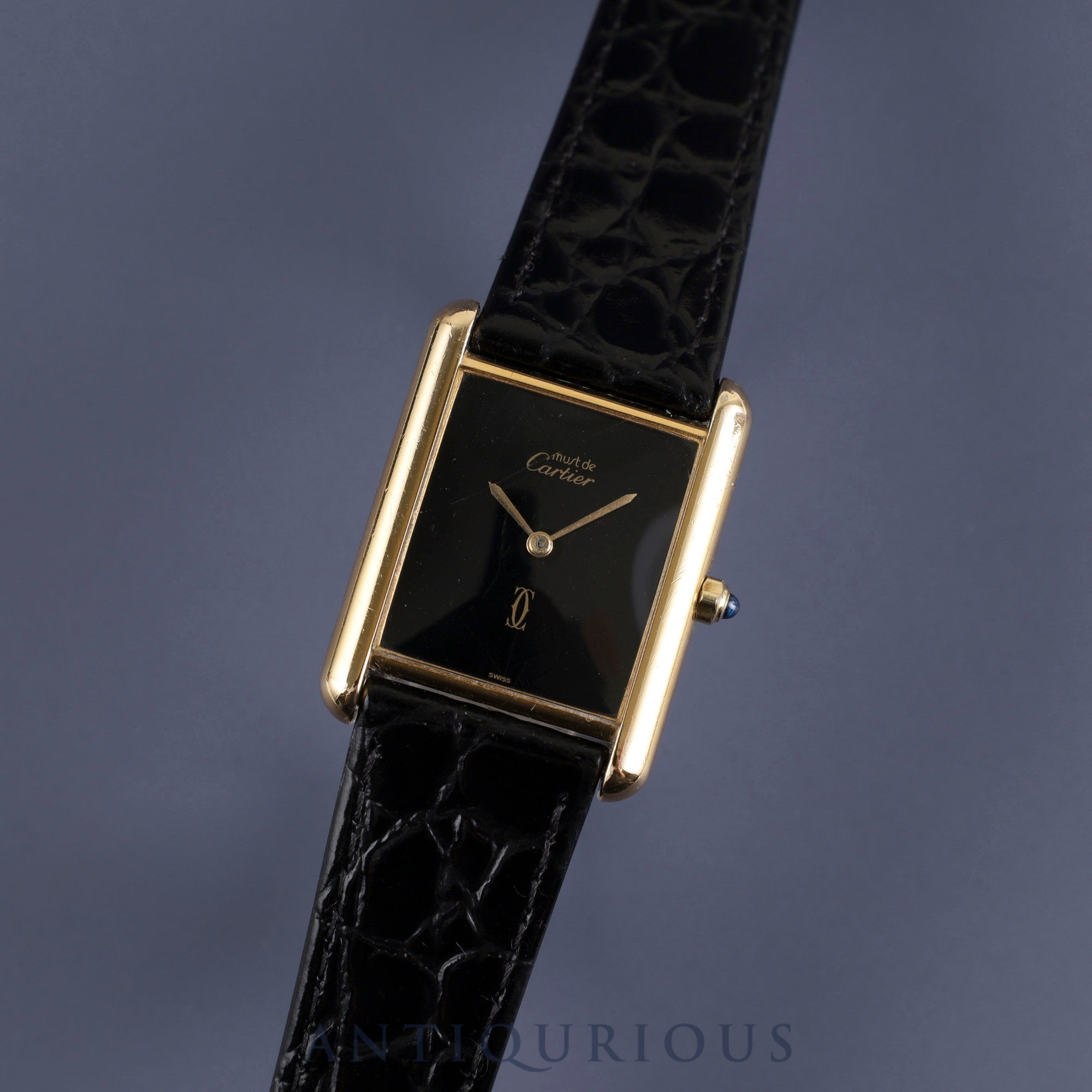 Cartier Must Tank LM 6 81006 Quartz Cal.81 SV925 Leather Genuine Buckle (GP) Black Onyx Dial Overhauled