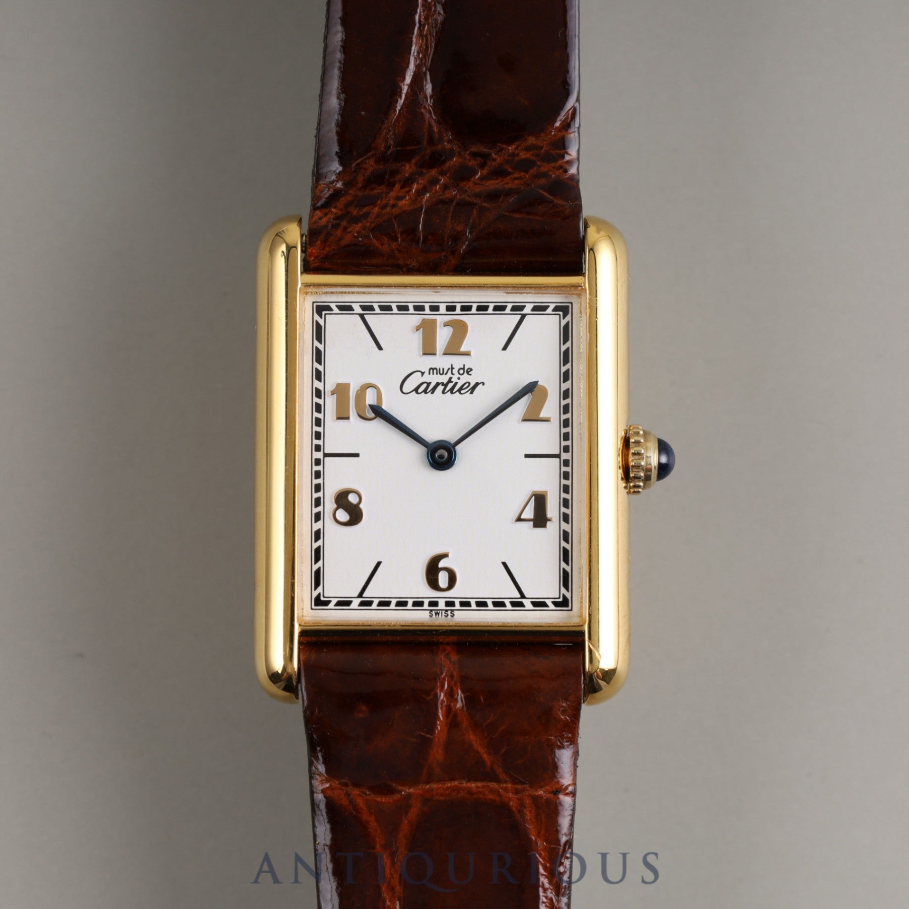 CARTIER Must Tank LM QZ 590005 925 Leather Genuine Buckle (GP) Arabic Dial Overhauled