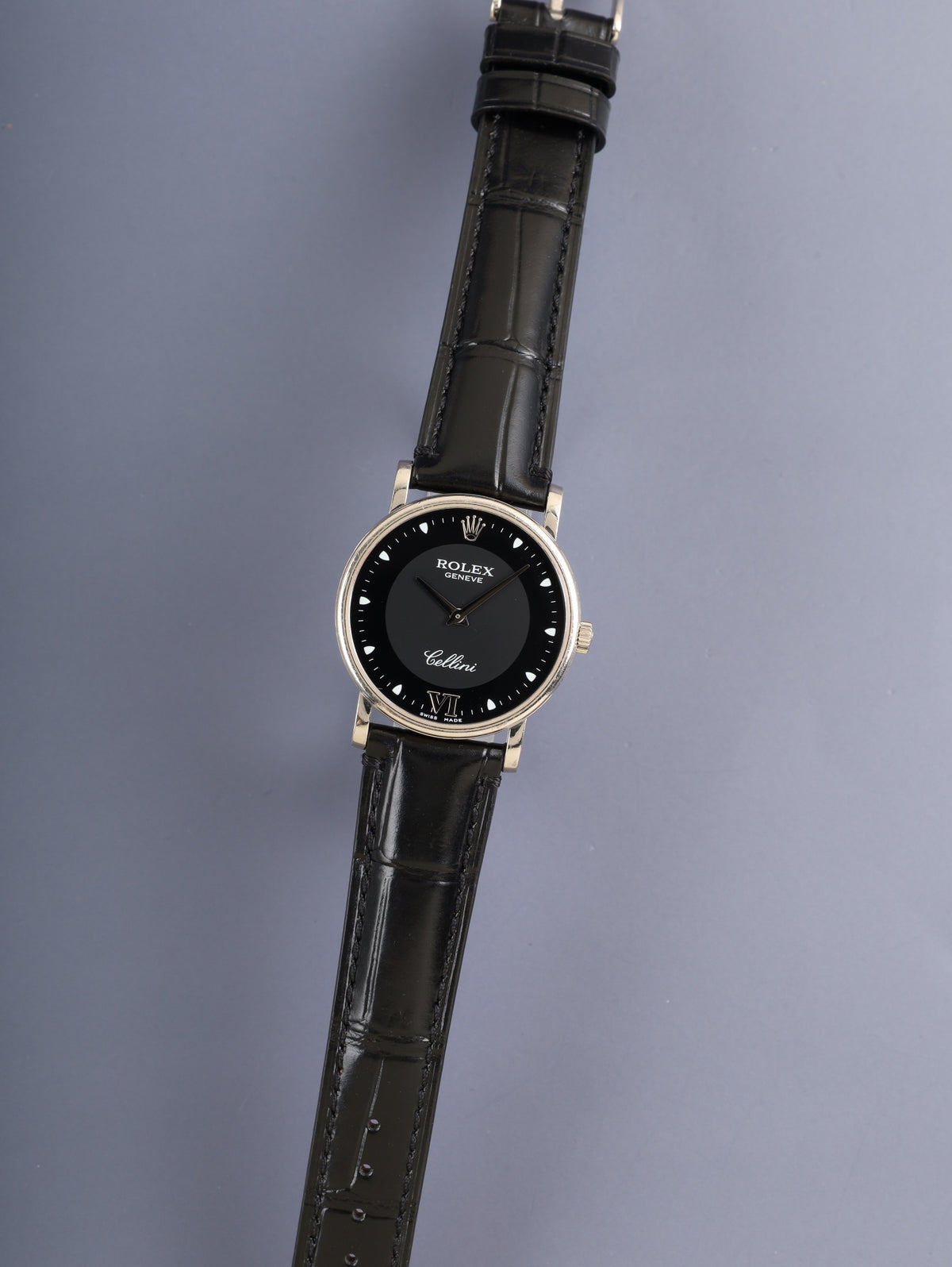 Rolex Cellini 5115 Hand-wound Cal.1602 750WG Leather Original Pin Buckle (750WG) Black Dial D-serial (2005) Box, Papers, Original Leather Strap, Overhauled