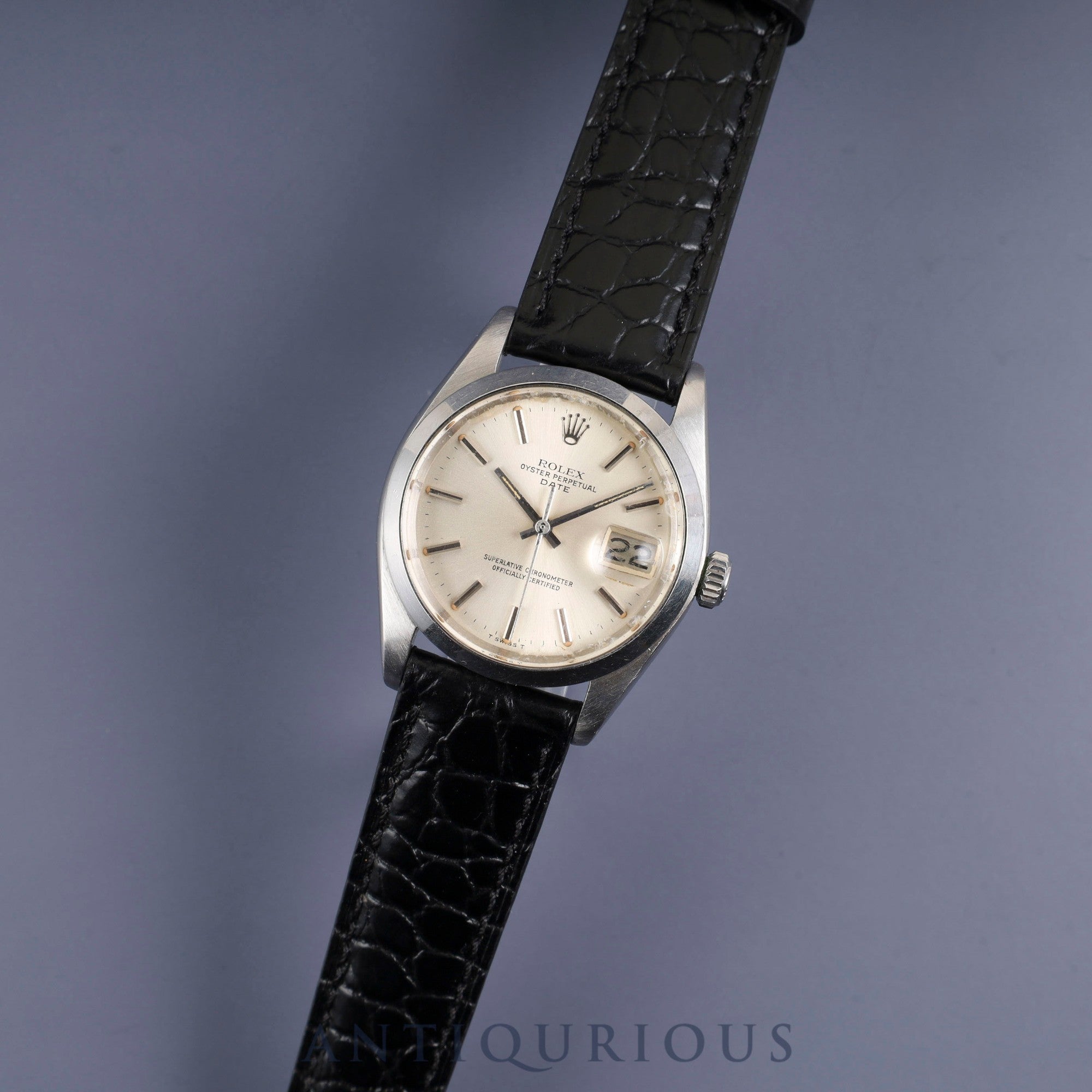 ロレックス  オイスターパーペチュアルデイト 1500 自動巻き Cal.1570 SS 革 社外尾錠（SS）シルバー文字盤 36mm 53番台（1977年）オーバーホール済み