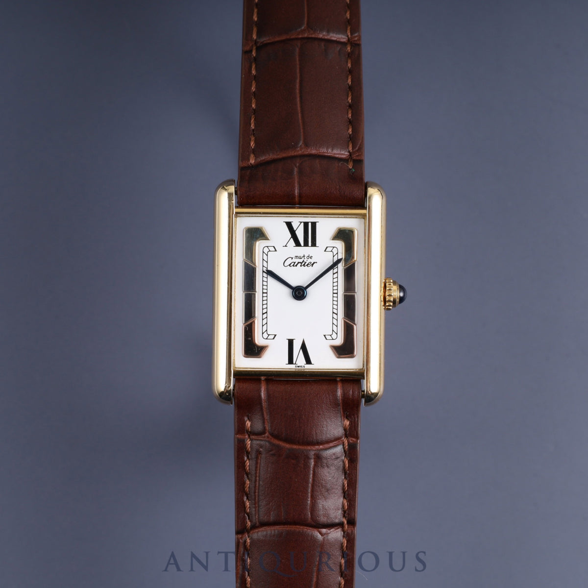 CARTIER MUST TANK LM 1615 Quartz Cal.90 SV925 Leather Genuine D-buckle (GP) Trinity dial Overhauled
