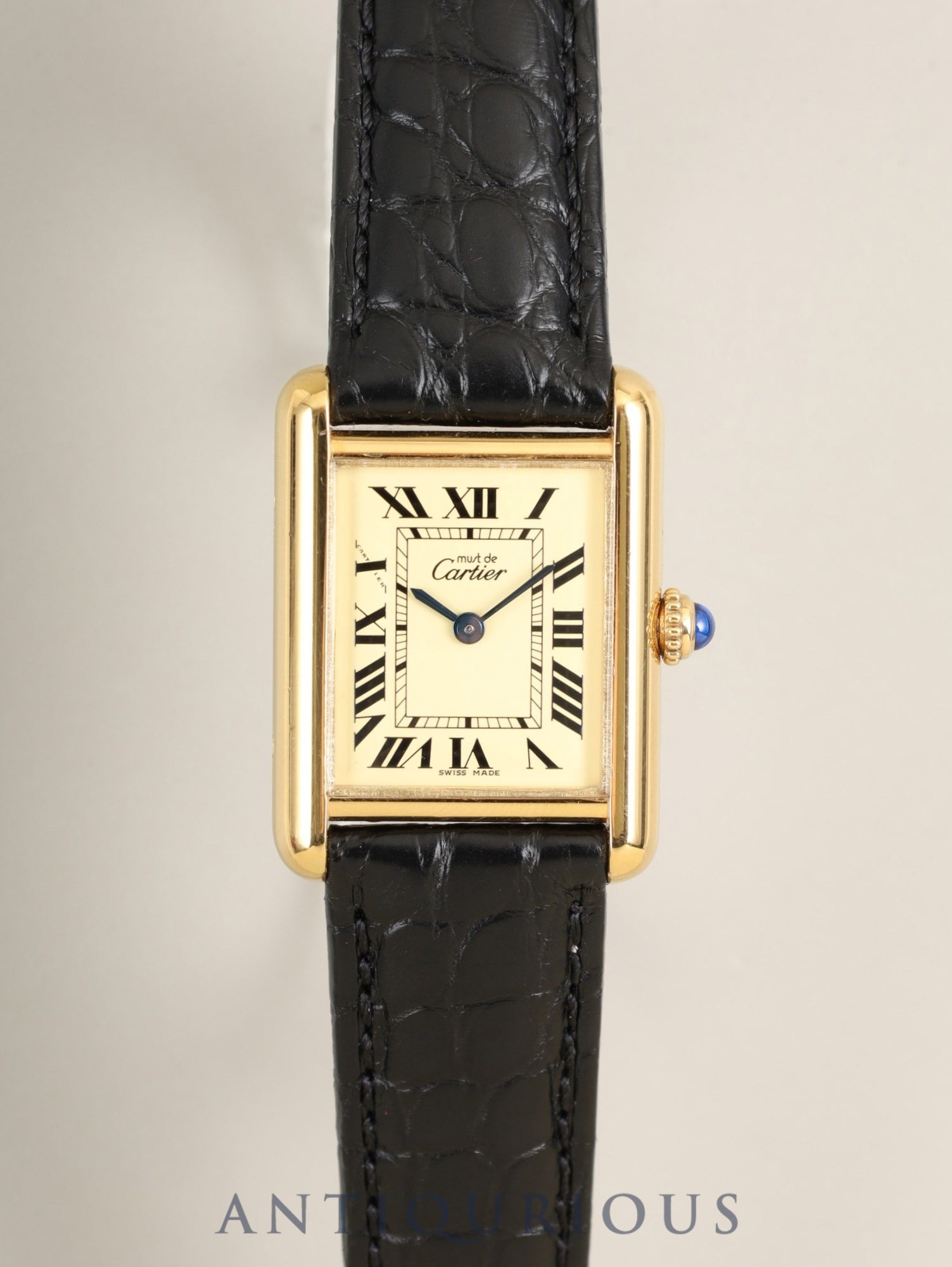 Cartier Must Tank MM 2415 Quartz Caliber 057 SV925 Leather Watch with Genuine D-buckle (GP) Ivory Roman Dial (SWISS MADE Marking) Circa 1990-2004 Box Warranty Card Overhauled