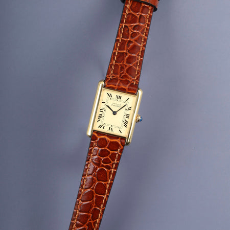 カルティエ マストタンク LM 590005 クォーツ Cal.690 SV925 革 純正尾錠（GP）アイボリーローマン文字盤（SWISS MADE表記） オーバーホール済み 新品仕上げ済み