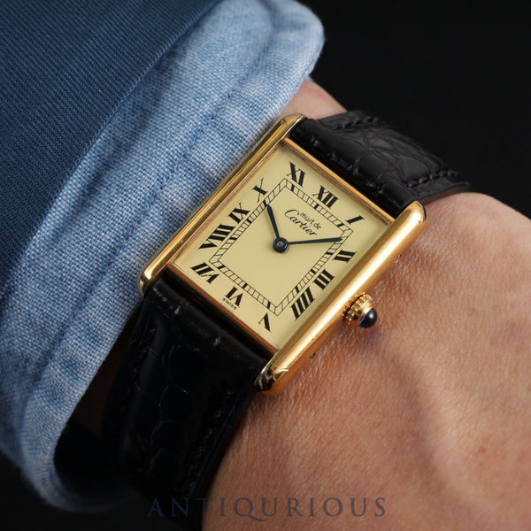 Cartier Must Tank LM 590005 Quartz Cal.90 SV925 Leather Genuine Buckle (GP) Ivory Roman Dial Box Warranty (1991/date only) Overhauled