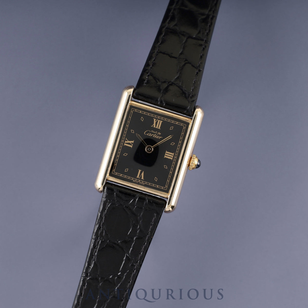 Cartier Must Tank LM 590005, Quartz Caliber - SV925, Leather, Genuine Buckle (GP), Black Roman Dial, Circa 1982-1995, Completely Serviced at a Cartier Boutique