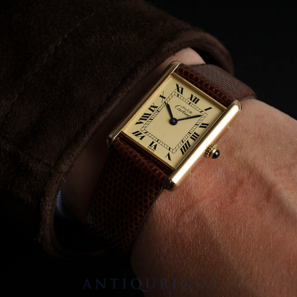 カルティエ マストタンク LM 590005 クォーツ Cal.90 SV925 革 純正尾錠（GP） アイボリーローマン文字盤 オーバーホール済み