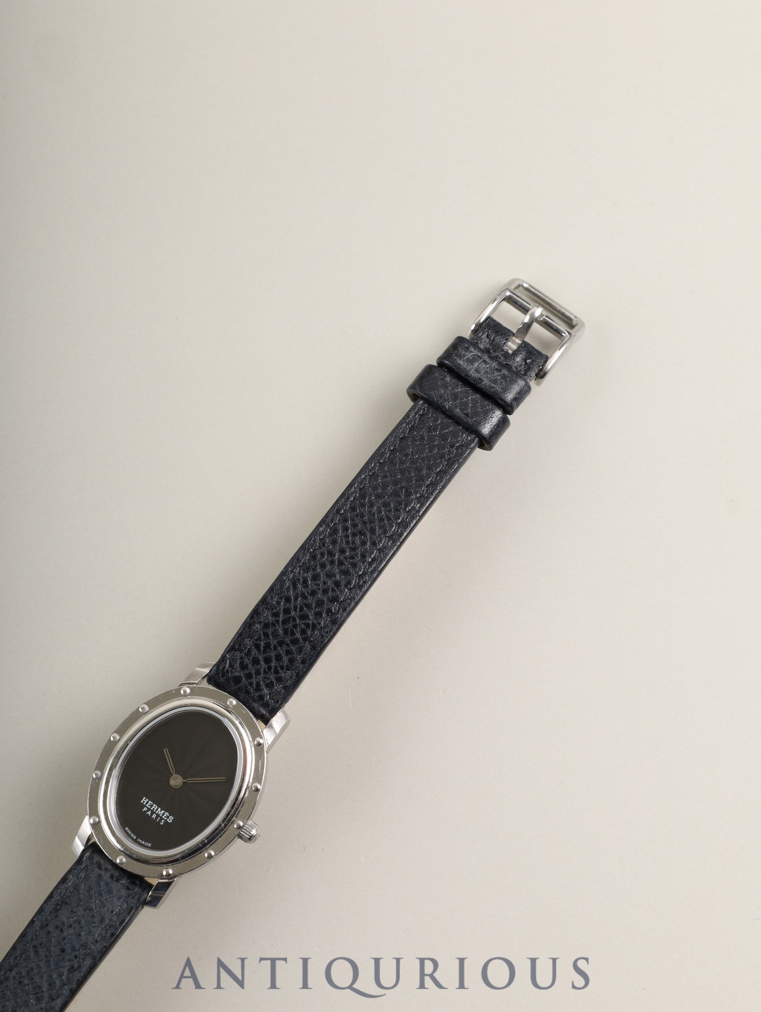 Hermes Clipper Oval CO1.210 Quartz Cal.976.001 Stainless Steel, Original Strap (□E stamp: 2001), Original Pin Buckle (Stainless Steel), Black Dial, Case Overhauled