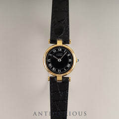 Cartier Must Vendôme VLC SM 18 Quartz Cal.81 SV925 Leather Strap with Genuine GP Buckle, Black Roman Dial, Box, Overhauled