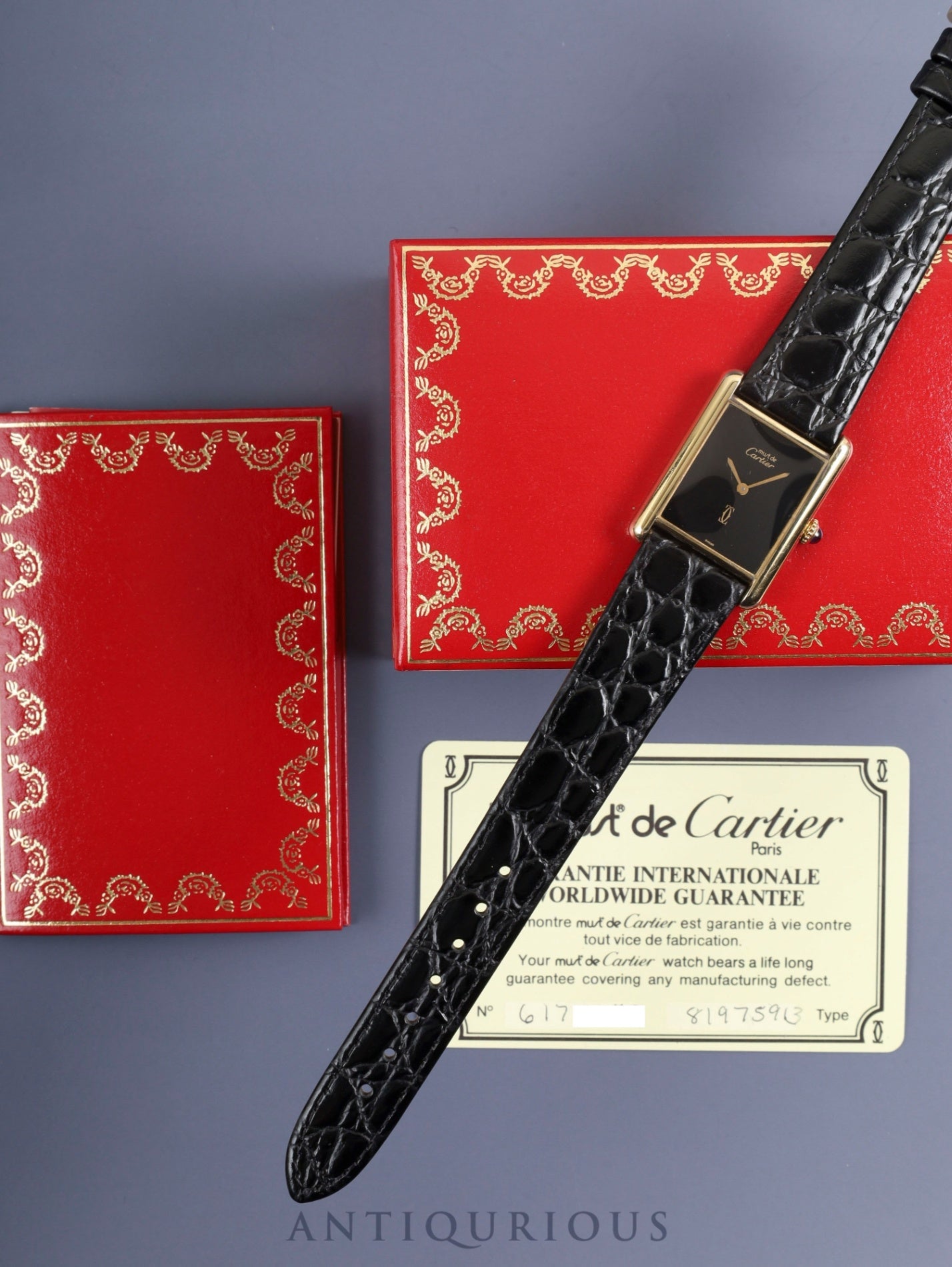 Cartier Must Tank LM Manual Winding Cal. 78-1 SV925 Leather Genuine Buckle (GP) Onyx Dial Box Booklet Warranty (1981) Overhauled