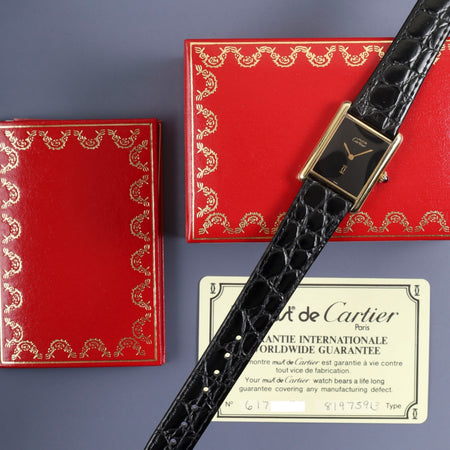 カルティエ マストタンク LM 手巻き Cal.78-1 SV925 革 純正尾錠（GP） オニキス文字盤 箱 冊子 保証書（1981年） オーバーホール済み
