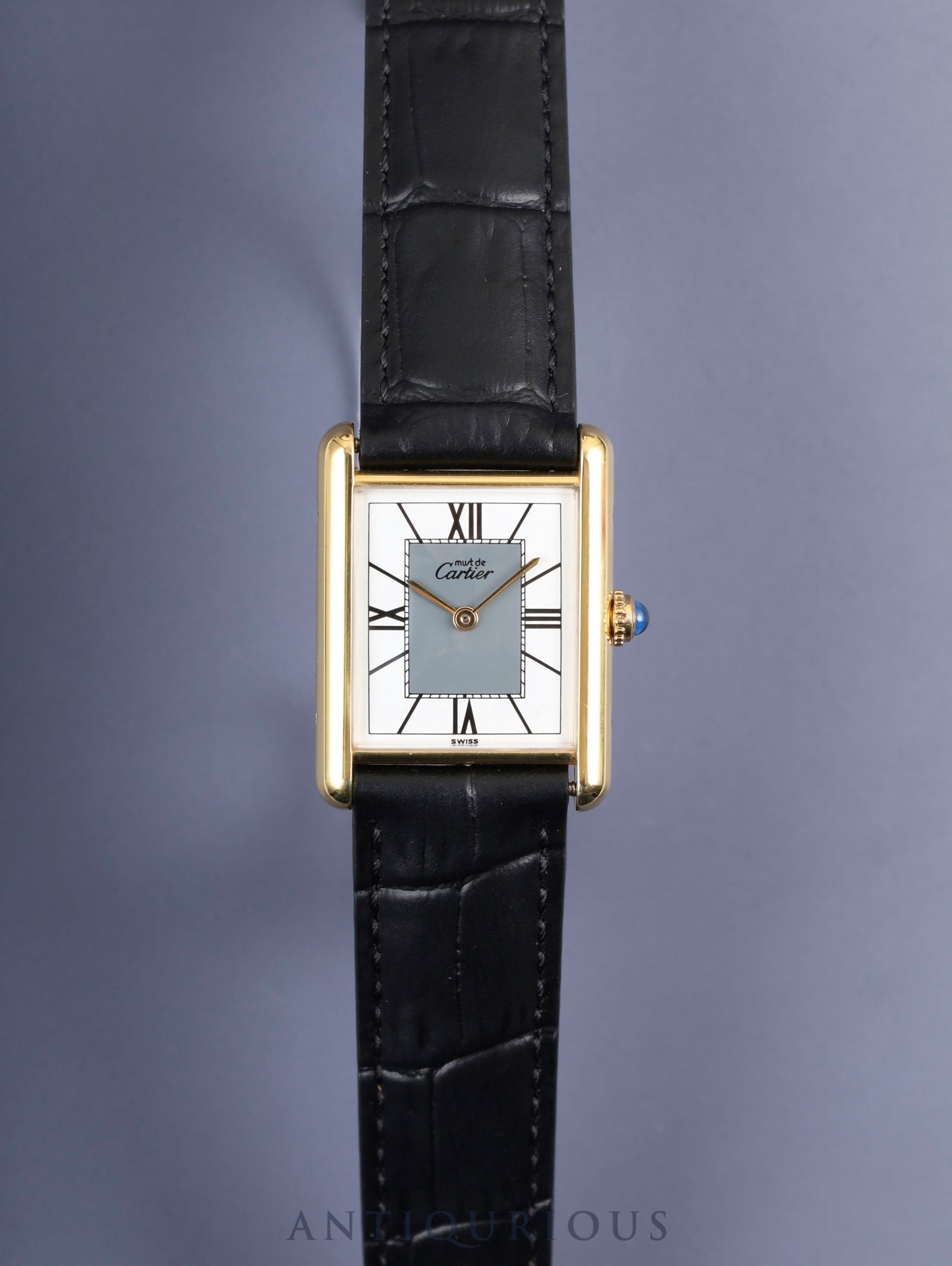 Cartier Must Tank LM 590005 Quartz Caliber 90 SV925 Leather Strap with Genuine D-buckle (GP) Gray Roman Dial with Center Drop, Overhauled and Finished to Look Like New