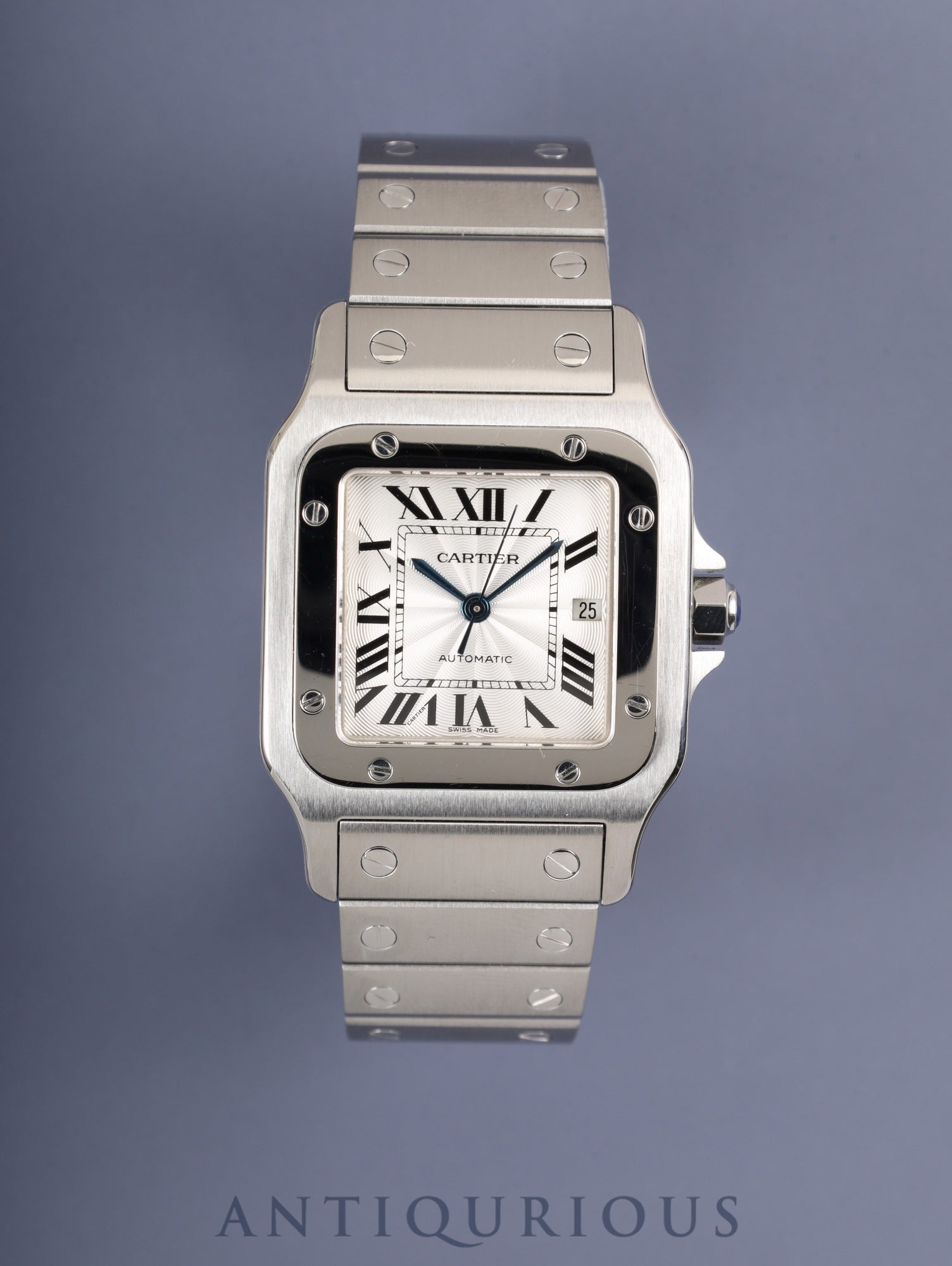 Cartier Santos Galbee LM 2319 Automatic Stainless Steel Watch with Silver Guilloche Dial, Box, Booklet, Warranty Card, Complete Serviced at a Cartier Boutique
