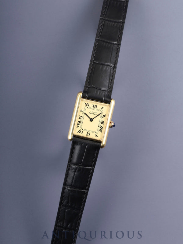 Cartier Must Tank LM 590005, Quartz, Caliber 690, SV925, Leather, Genuine D-buckle (GP), Ivory Roman Dial (SWISS markings), Circa 1982-1995, Overhauled and Finished to New.
