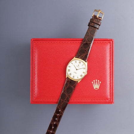 Rolex Cellini 4133 Manual Winding Cal.1601 Leather 750YG Original Pin Buckle (GP) White Roman Dial 43-Series (1975) Box, Overhauled