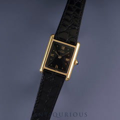 Cartier Must Tank LM 590005 Quartz Cal.90 SV925 Leather Genuine Buckle (GP) Black Roman Dial Overhauled Newly Finished