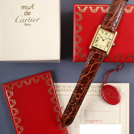 カルティエ マストタンク LM 590005 クォーツ Cal.90 SV925 純正革ベルト  純正尾錠（GP） アイボリーローマン文字盤 箱 冊子 保証書 タグ オーバーホール済み