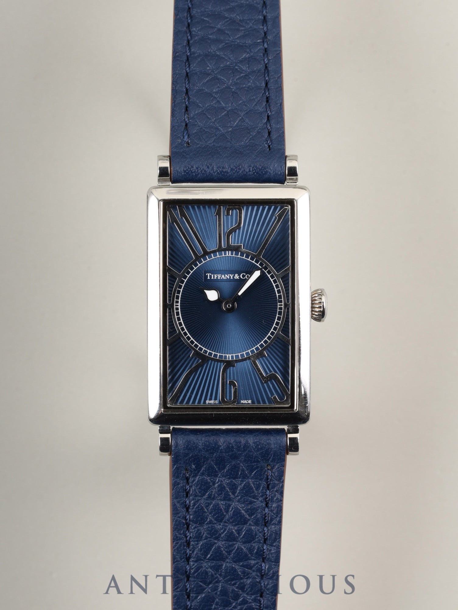 Tiffany Gallery Z3001.10.10A61A50A Quartz Caliber ETA976.001 Stainless Steel Leather Strap with Genuine Stainless Steel Buckle, Blue Arabic Dial, Overhauled