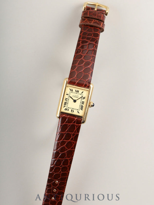 Cartier Must Tank SM 5057001 Quartz Caliber 057 SV925 Leather Strap with Genuine GP Buckle, Ivory Roman Dial (SWISS Marking), Overhauled