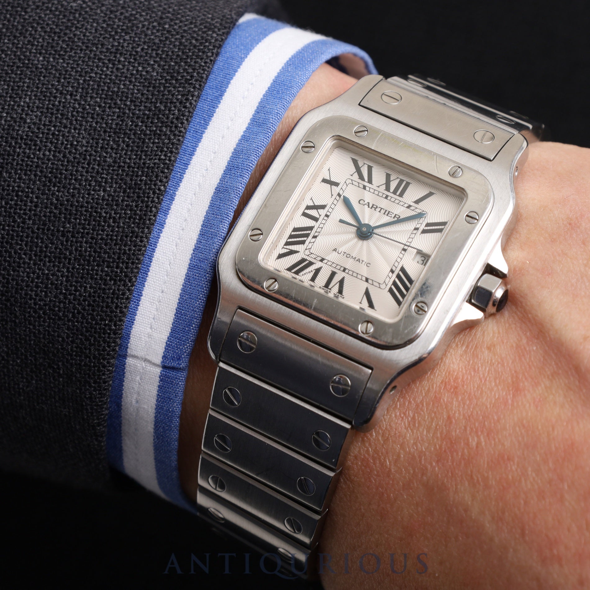 Cartier Santos Galbee LM 2319 Automatic SS SS Guilloche Silver Roman Dial Overhauled