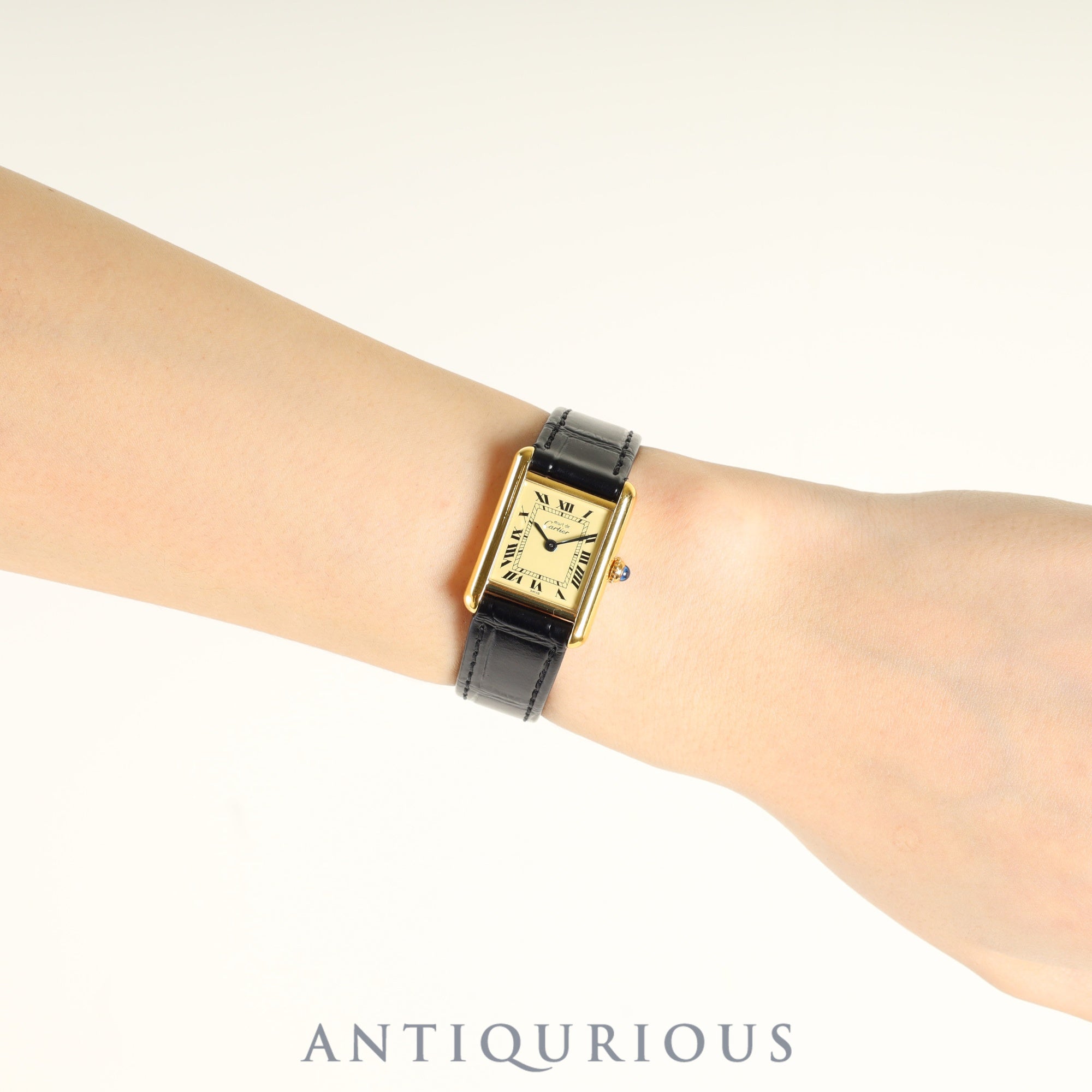 Cartier Must Tank SM 5057001 Quartz Caliber 057 SV925 Leather Strap with Genuine GP Buckle, Ivory Roman Dial, Overhauled