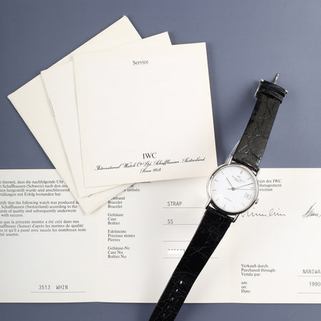 IWC Portofino 3513 Automatic Caliber 37521 Stainless Steel with Genuine Leather Strap and Genuine Buckle (SS) White Dial, Booklet, Warranty Card (1990), Overhauled