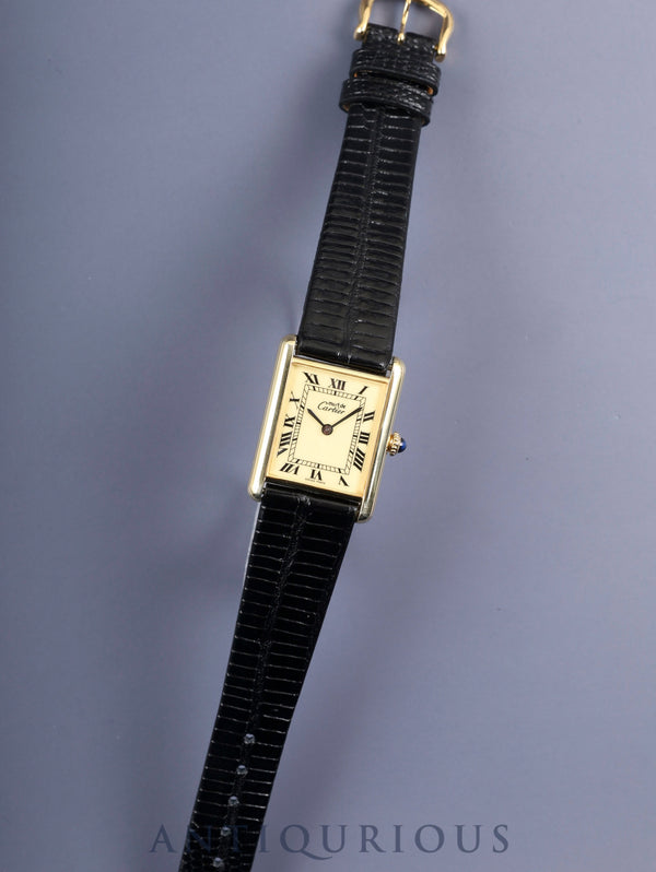 Cartier Must Tank LM, manual winding, SV925, leather, genuine buckle (GP), ivory Roman dial, complete service (full maintenance) completed at a Cartier boutique.