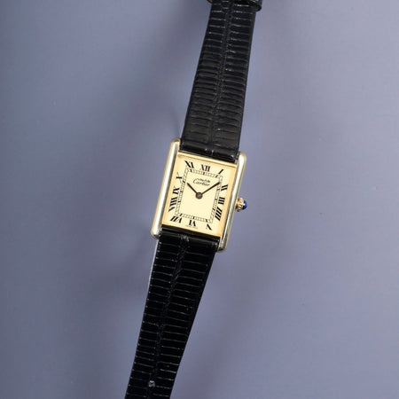 Cartier Must Tank LM, manual winding, SV925, leather, genuine buckle (GP), ivory Roman dial, complete service (full maintenance) completed at a Cartier boutique.