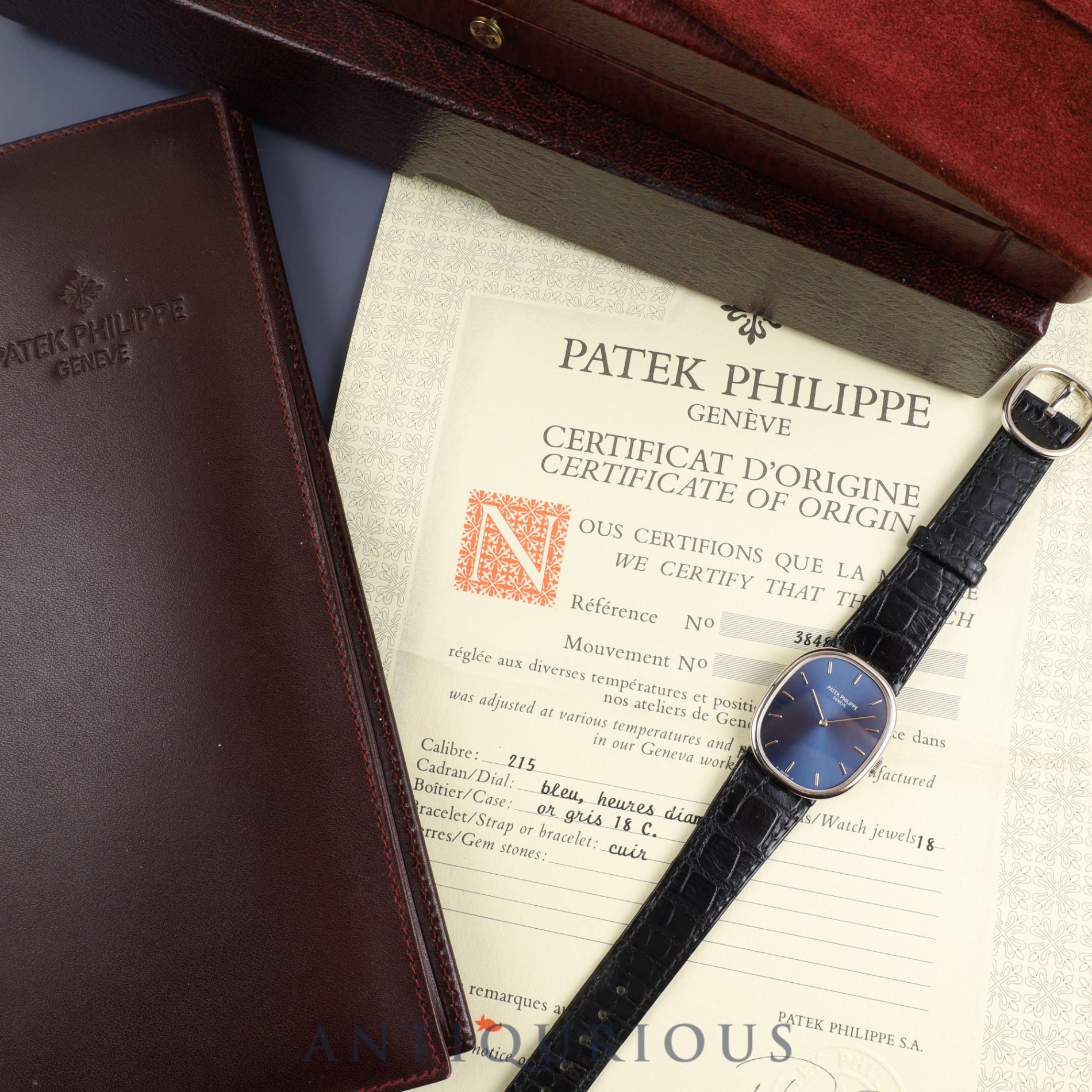 Patek Philippe Golden Ellipse 3848 Manual winding Cal.215 WG Genuine leather strap Genuine buckle (750) Blue dial Warranty (2001) Box Case Overhauled