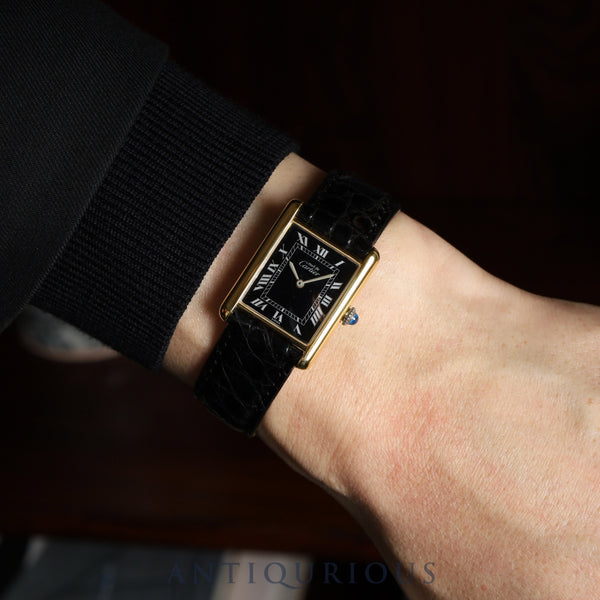 Cartier Must Tank LM Manual Winding Caliber - SV925 Leather Strap with Genuine GP Buckle, Black Roman Dial, Circa 1976-1981, Overhauled and Finished to Look Like New