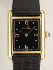 Cartier Must Tank LM 590005, Quartz Cal.90, SV925, Leather strap with original pin buckle (GP), black Roman numeral dial (SWISS signed), polished and overhauled.