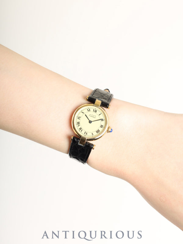 カルティエ マスト ヴァンドーム VLC SM 590004 クォーツ Cal.690 SV925 革 純正尾錠（GP）アイボリーローマン文字盤 オーバーホール済み