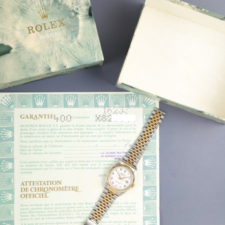 ロレックス デイトジャスト 16233 自動巻き Cal.3135 SS/YG SS/YG ホワイト 文字盤 X番台（1991年）外箱 保証書（1994年） オーバーホール済み