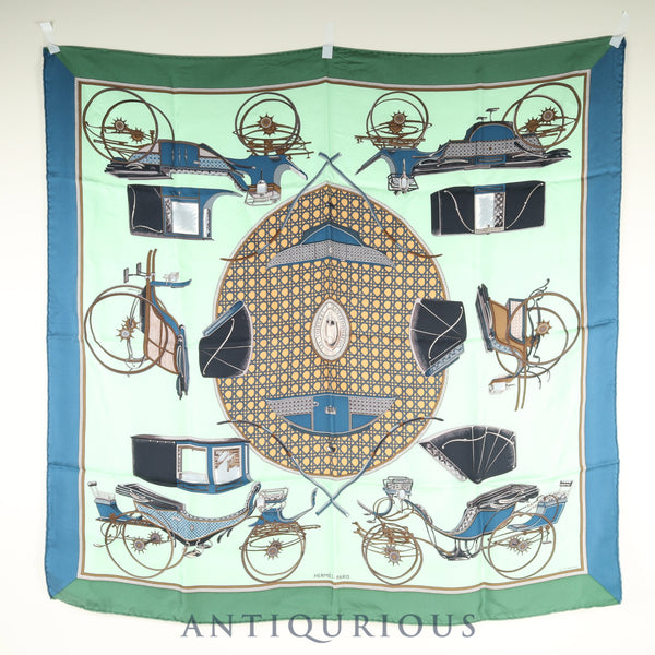 Hermès Carré 90 Scarf "Les Voitures a Transformation" Folding Canopy Carriage 100% Silk