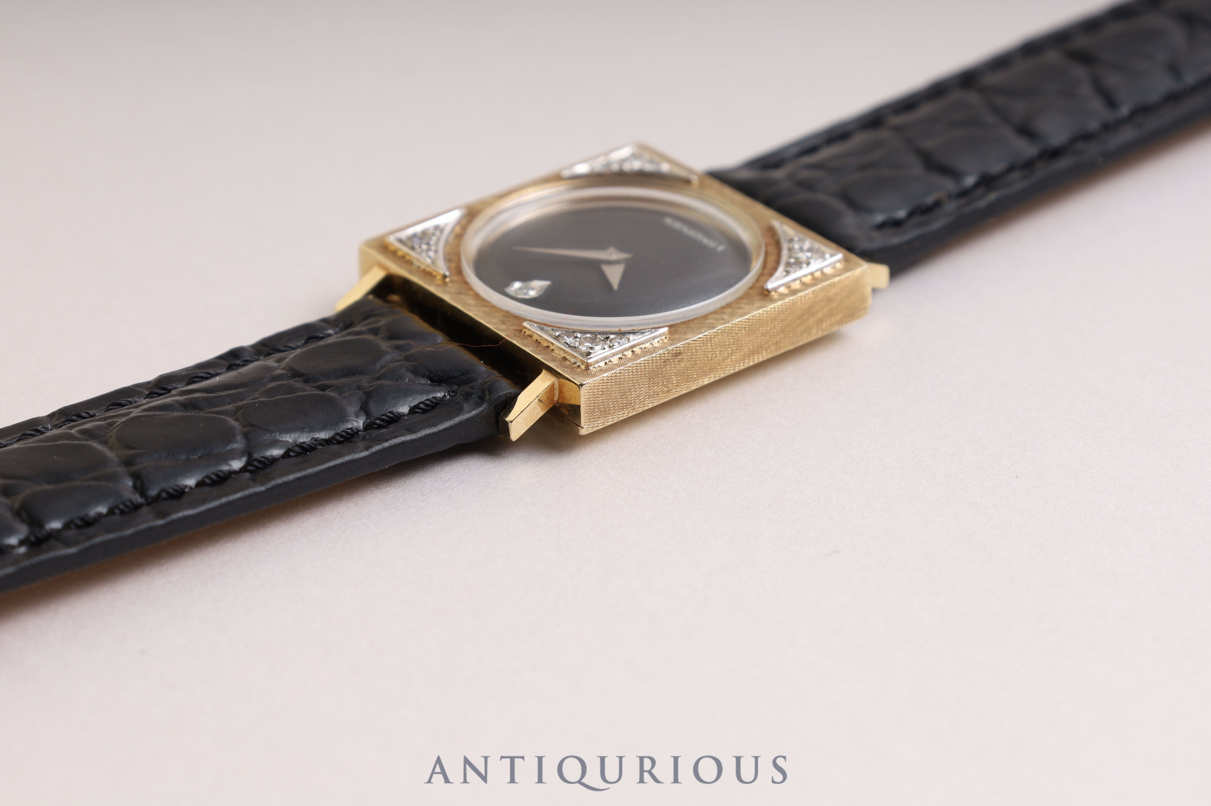 LONGINES Tuxedo Watch, Hand-wound, Cal.528, 14KT, Leather, Black Dial, 25.5 x 25.5mm, 1950s, Overhauled