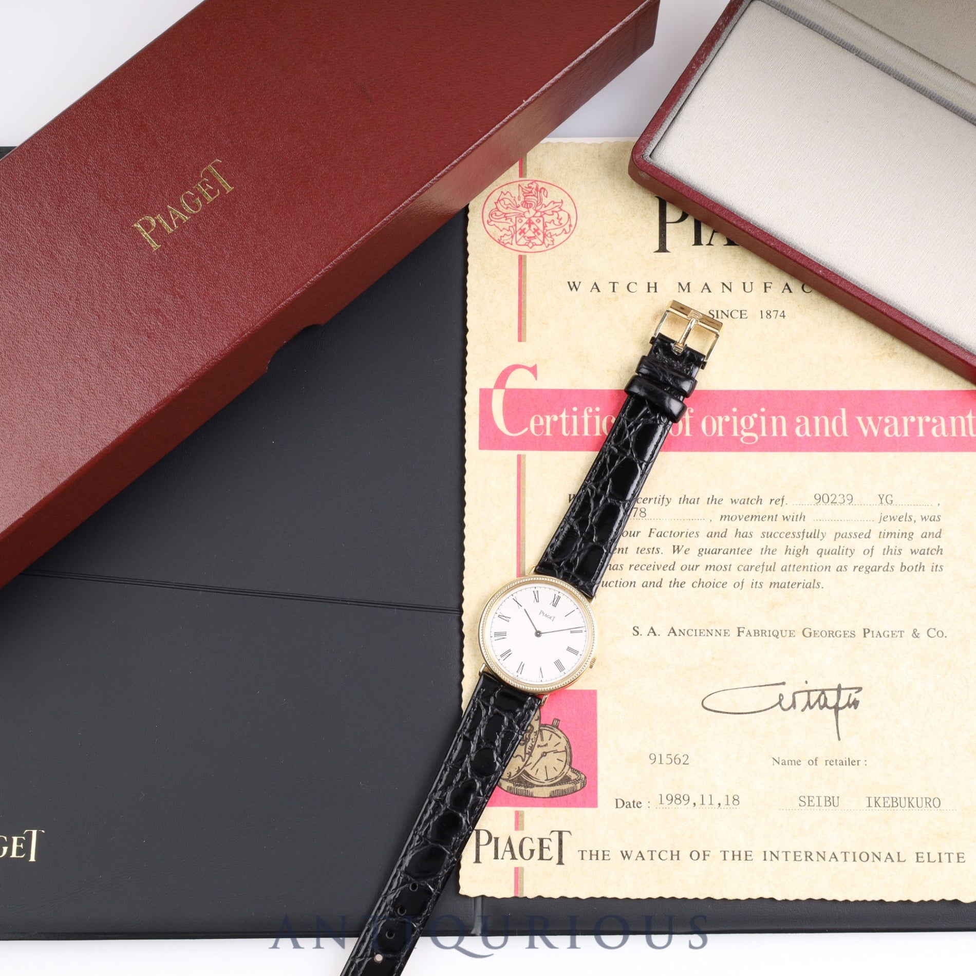 PIAGET ROUND 90239 Manual winding Cal.9P2 YG Leather Genuine buckle (750) White dial Box Warranty (1989)