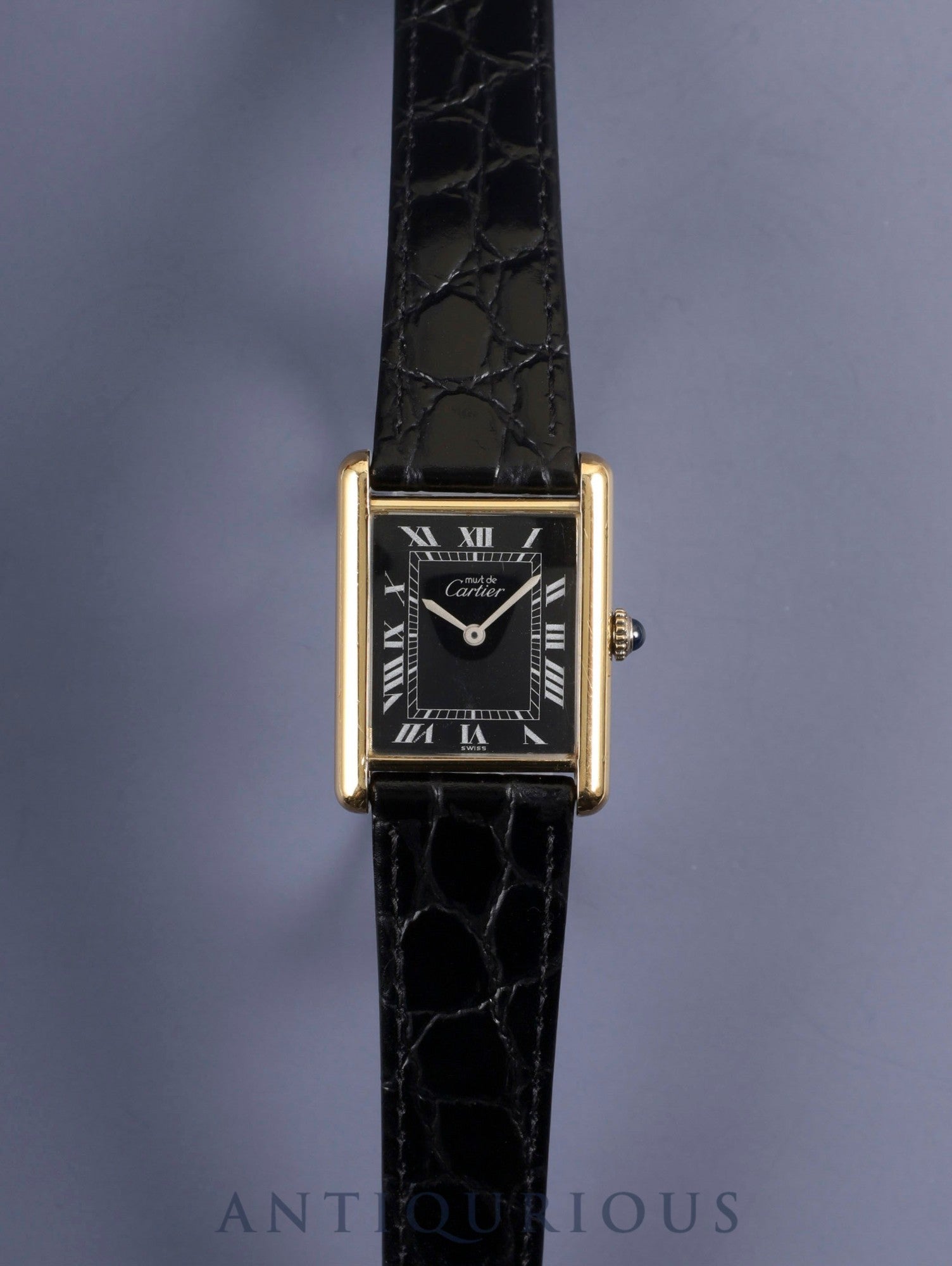 Cartier Must Tank LM Manual Winding Cal. 78-1 SV925 Leather Genuine Buckle (GP) Black Roman Dial Warranty Overhauled