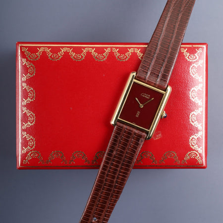 カルティエ マストタンク LM 手巻き Cal.78-1 SV925 革 純正尾錠（GP） ガーネットダイアル ボルドー文字盤（SWISS表記） 箱 オーバーホール済み