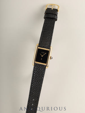 Cartier Must Tank SM Manual Winding Caliber 78-1 SV925 Leather Watch with Genuine Pin Buckle (GP) Onyx Dial (SWISS Marking) Overhauled