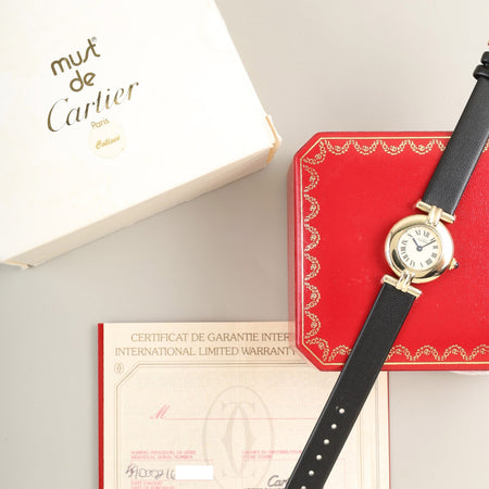 カルティエ マストコリゼ 590002 クォーツ SV925 革 純正尾錠（GP） アイボリーローマン文字盤 24mm 箱 冊子 保証書（1996年）カルティエブティックにてコンプリートサービス（フルメンテナンス）済み