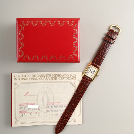 カルティエ マストタンク SM W1003053 / 5057001 クォーツ Cal.057 SV925 革 純正ピンバックル（GP）ストレートローマン文字盤（SWISS表記）箱 冊子 保証書（1991年） オーバーホール済み 新品仕上げ済み