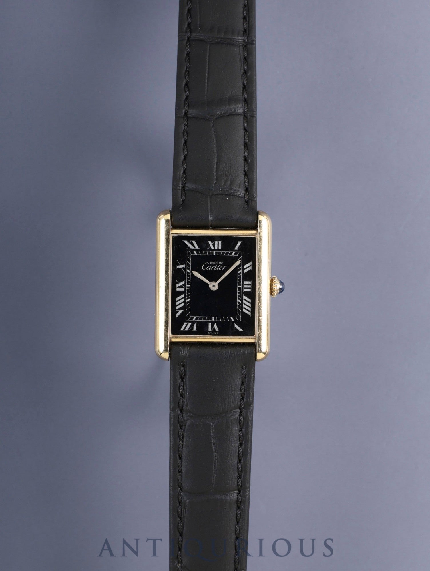 CARTIER カルティエ MUST TANK LM マストタンク LM 6 手巻き Cal.78-1 SV925 革 純正ピンバックル（GP）ブラックローマン文字盤（SWISS表記 ）1976年頃～1980年代初期頃 オーバーホール済み
