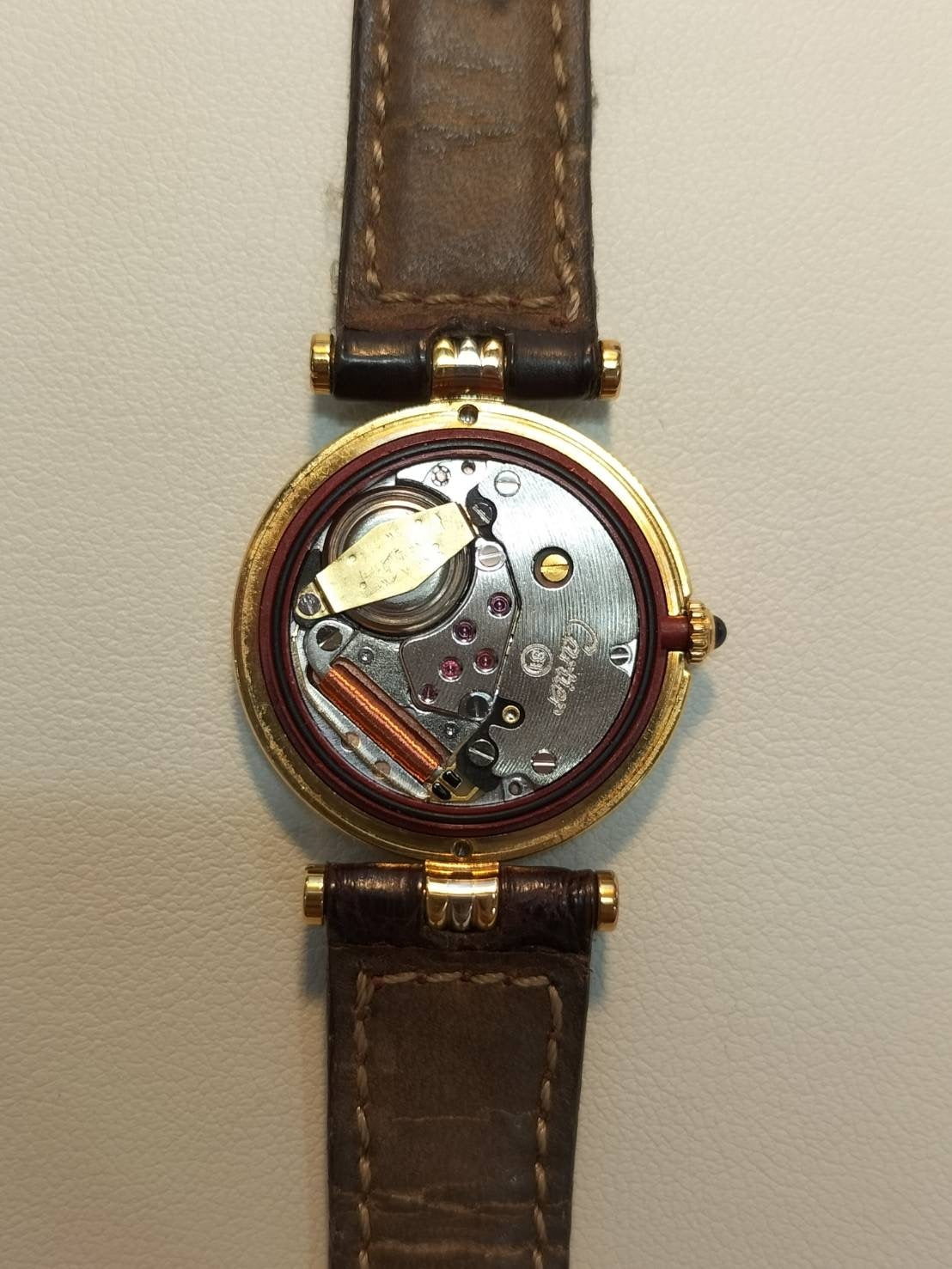 Cartier Vendôme Trinity VLC SM 881004 Quartz Caliber 81 750 Leather Strap with Genuine GP Buckle, White Roman Dial, Overhauled