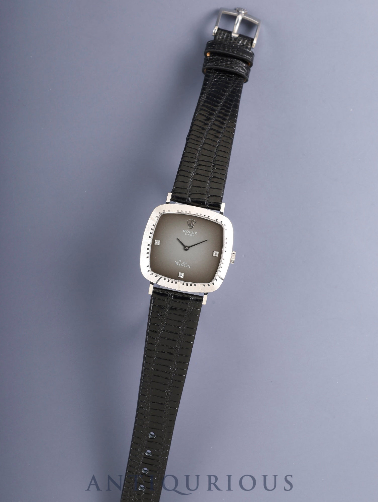 ロレックス チェリーニ 4084 手巻き Cal.1601 革 750WG 純正ピンバックル（SS）グレー3Pダイヤ文字盤 43番台（1975年）箱 保証書（1990年）オーバーホール済み